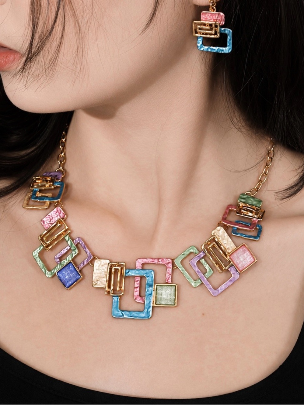 Colorful Geometric Statement Necklace & Earrings Set-NEW